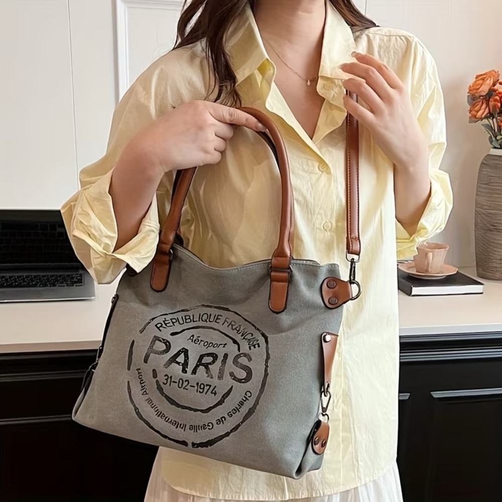 Paris Print Gray and Brown Canvas Tote Bag